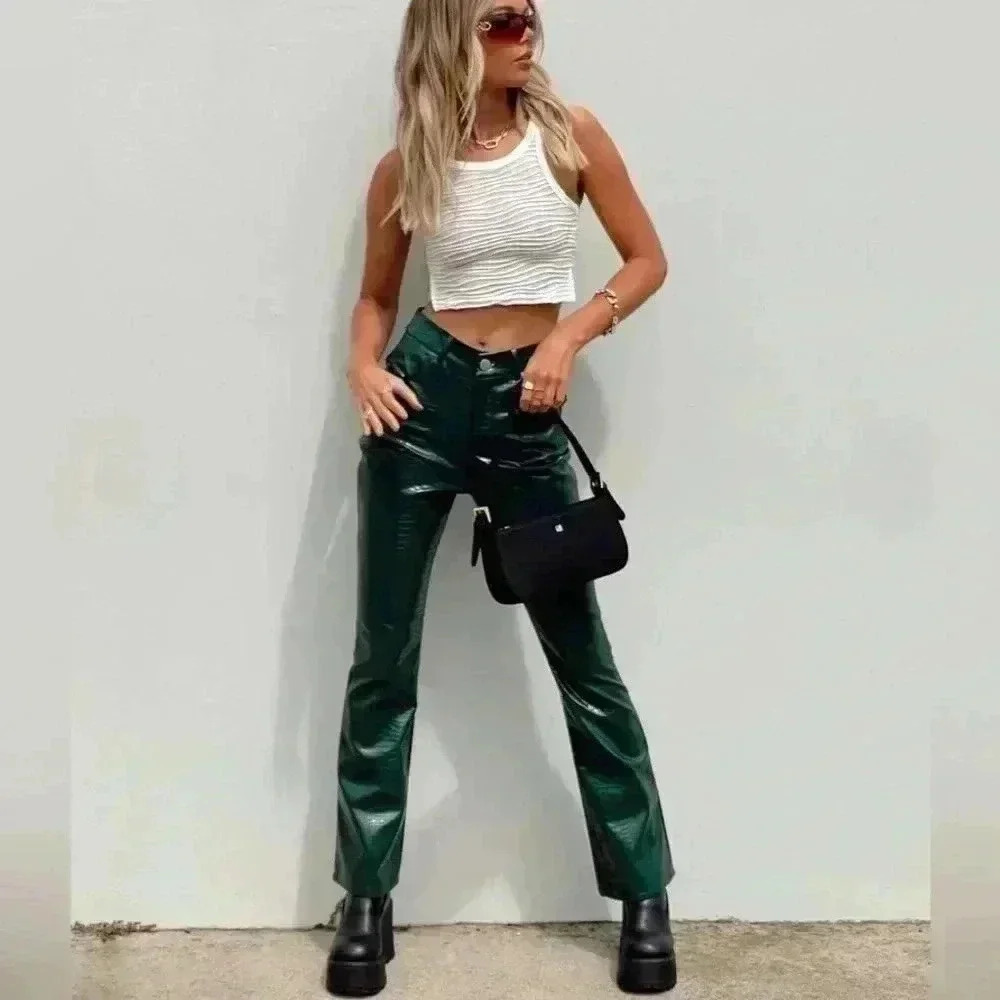 Princess Polly harmonious croc dark green vegan leather flare pants 10